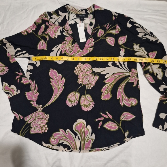 Karen Kane Black Blouse with Pink and Cream Floral Design - Picture 6 of 8